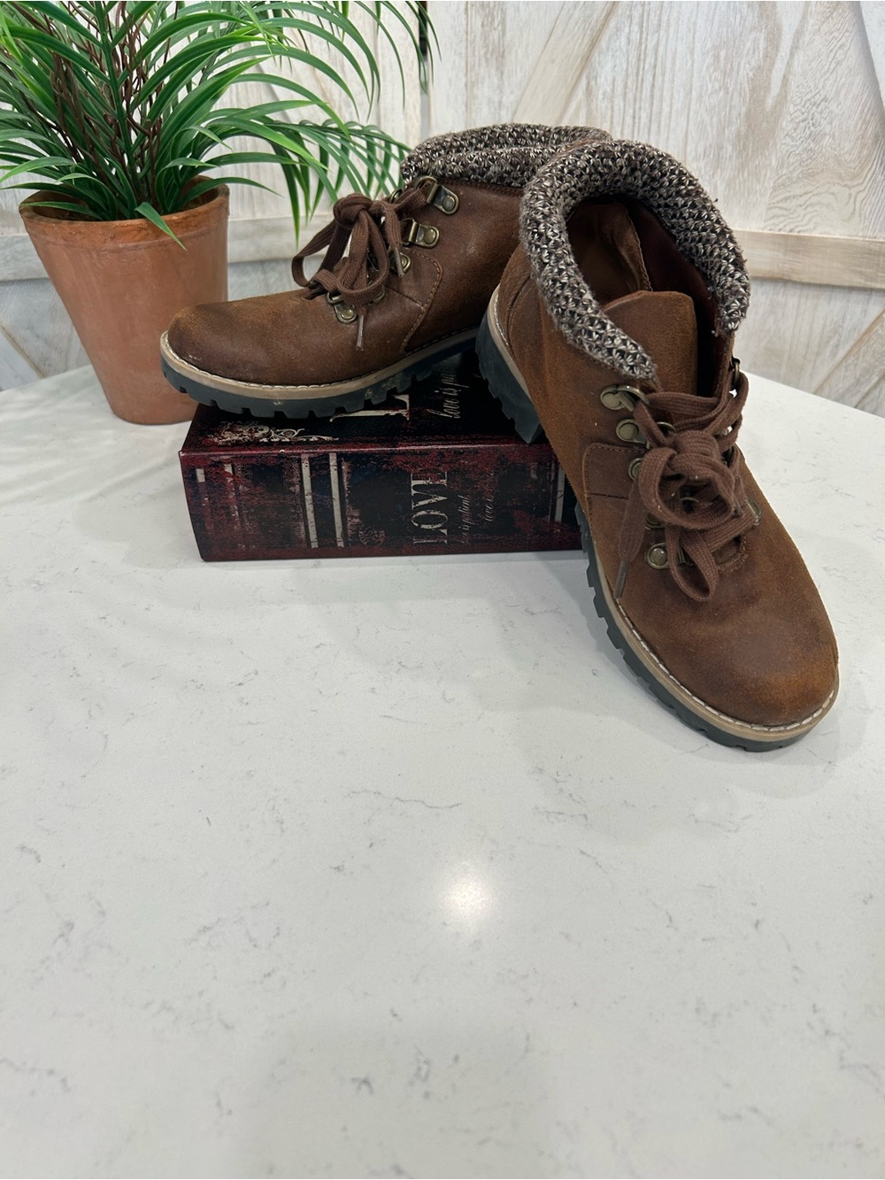 Nine West Brown Suede Lace-Up Ankle Boots with Knit Cuff